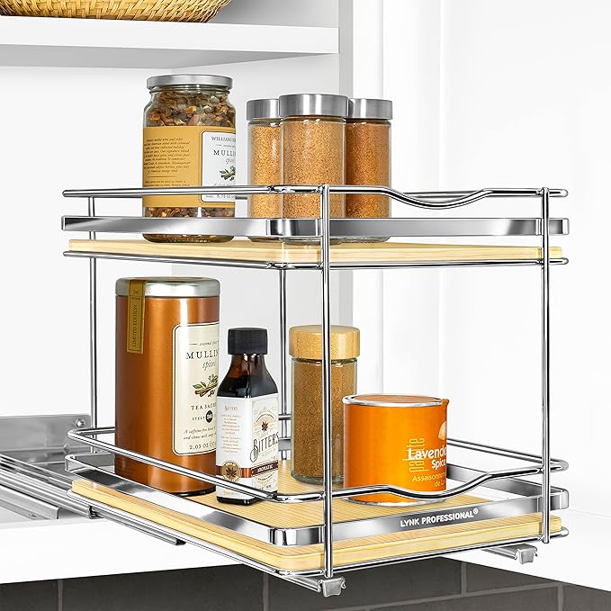 LYNK PROFESSIONAL® Élite™ Pull Out Spice Rack Organizer for Inside Kitchen Cabinets - 8-3/8 inch Wide - Slide Out Drawer – Wood/Chrome Sliding Spice Organization for cabinet - Spice Racks - 2 Tier