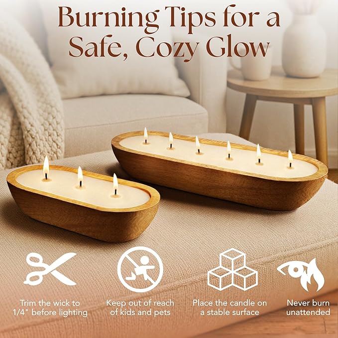 Dough Bowl Candle Co. Apple Maple Bourbon Soy Candle - 6 Wick Rustic Farmhouse Decor Odor Eliminator in Wooden Bowls, 32 Ounce Wooden Dough Bowl Candle, All-Natural Gifts for Women and Men
