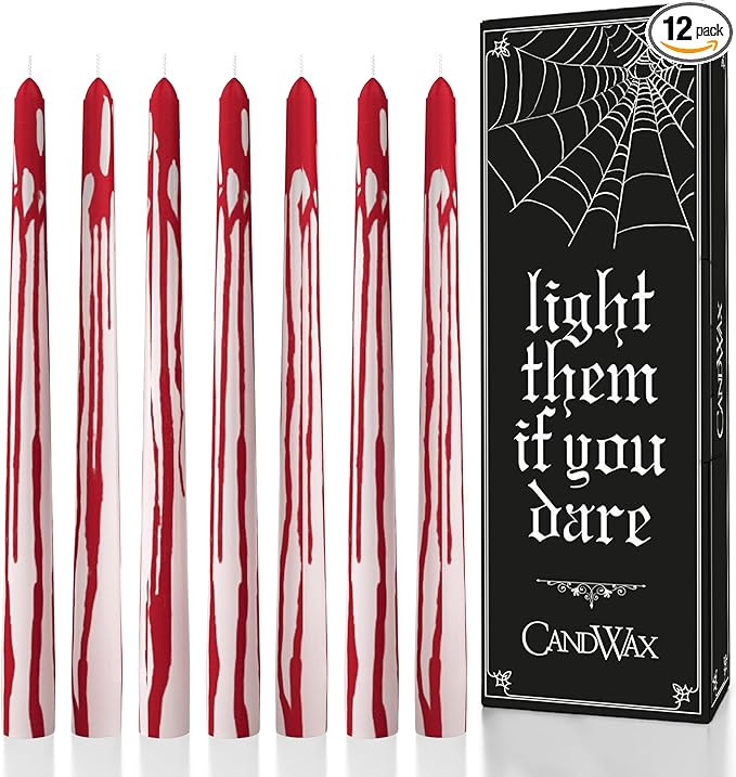 CANDWAX 12 inch Taper Candles Set of 12 - Unscented, Blood White, No Drip Taper Candles - Ideal for Halloween or Themed Events