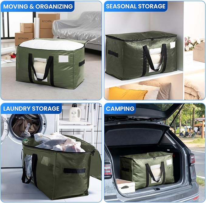 TAILI 10 Pack Green Extra Large Storage Bags, Heavy Duty Totes with Visible Window, Wrap Around Handles, Perfect for Moving