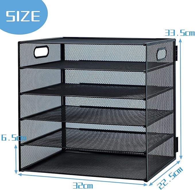 5 Tier Desk Organiser with Handle, Pull-Out Mesh File Organizer for Letter Tray Organizer Mesh Desk Organiser Tray Paper Storage Rack for A4 File Office Supplie, Black