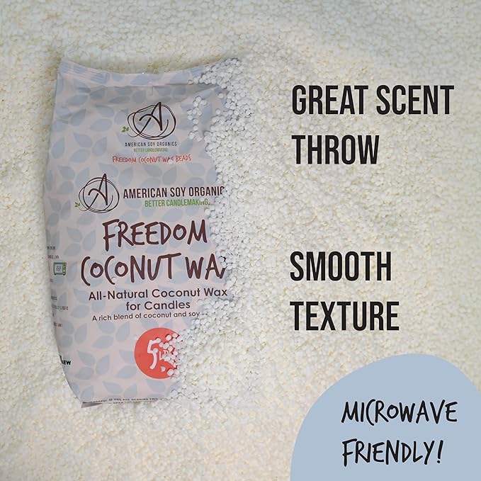American Soy Organics Freedom Coconut Soy Wax Beads for Candle Making - Natural Candle Making Supplies - Paraffin-Free,Beeswax-Free Coconut Candle Wax for Container Candles,Tealights, Wax Melts 5 lbs