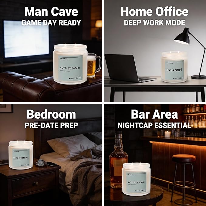 Hidden Label Anti Tobacco Scented Candle, 12oz Natural Soy Candle for Men, 70-Hour Clean Burning, Smoke Neutralizing & Air Purifying, Bachelor Pad Decor & Man Cave Essential, Gift for Him