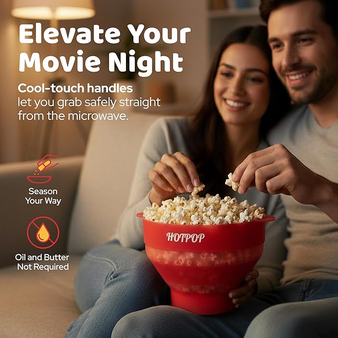 The Original Hotpop Microwave Popcorn Popper, Silicone Popcorn Maker, Collapsible Bowl BPA-Free and Dishwasher Safe- 20 Colors Available (Transparent Red)