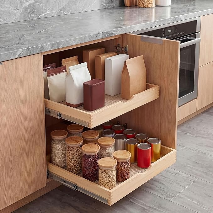 Menkxi 2 Set Wooden Pull out Cabinet Organizer Fully Assembled Slide out Pantry Drawer with Gentle Close Storage Shelf Tray for Base Kitchen Under Sink Bathroom Accessory(Wood Color,18'' X 21'' X 3'')