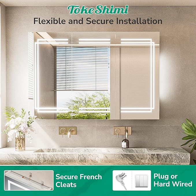 TokeShimi 40x32 Inch LED Medicine Cabinet with Lighted Mirror, 3 Color Stepless Dimming Bathroom Cabinet with Defogger Tempered, CRI 80+, Anti-Fog, Memory Funtion, Wall Lit Mirror with Storage