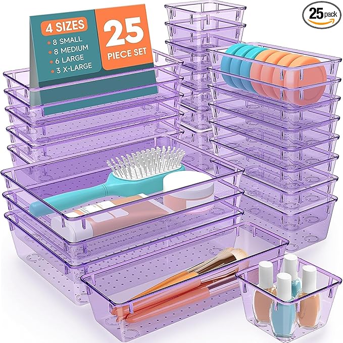 SpaceHacks 25 PCS Plastic Drawer Organizer Set, 4-Size Versatile Organizer Trays & storage Bins for Makeup, Jewelry, and Gadgets in Bathroom, Bedroom and Office,Clear Purple