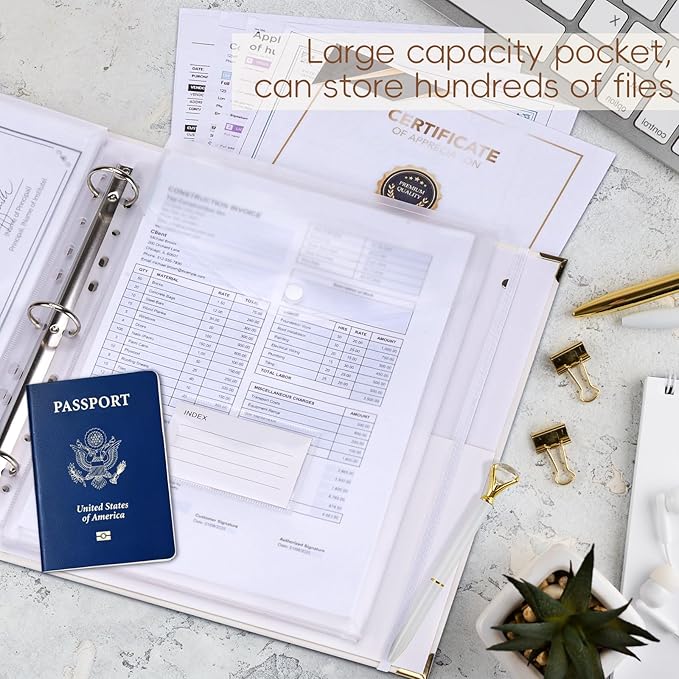 XKDOUS Important Document Organizer, Folio Folders with 9 Pockets, 3-Ring Binder Gold-Foiled Hardcover File Storage Organization Expanding File for 8.5x11 Papers, A4 Documents