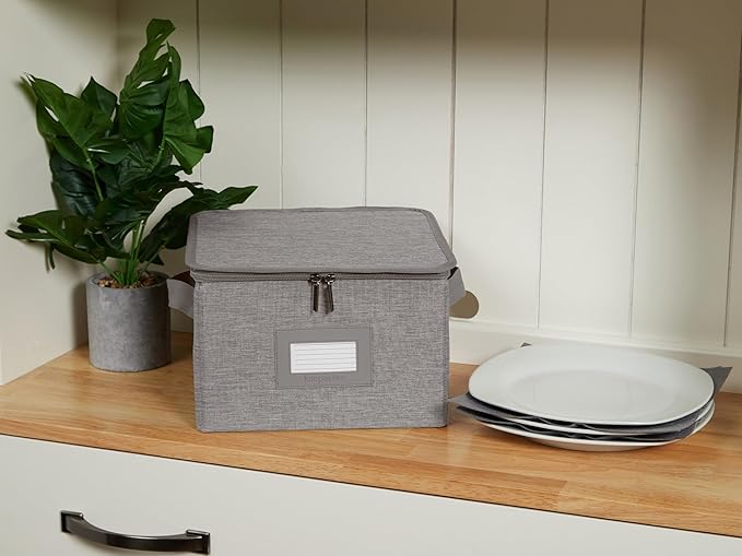 Covermates Dish Storage Box – China & Dinner Plate Storage Container with Dual Zippers, Reinforced Handles, ID Window & Stackable Structured Walls for Dishware Organization, Grey Heather