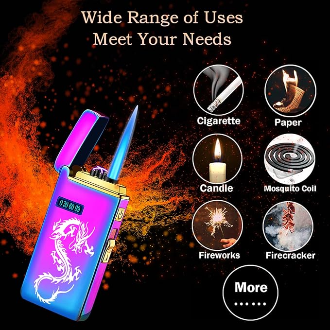 Dragon Arc Lighter - Jet Flame Torch, 2-in-1 USB Rechargeable with Battery Indicator, Windproof, Refillable Butane, Cycle Charge Plasma (Black)