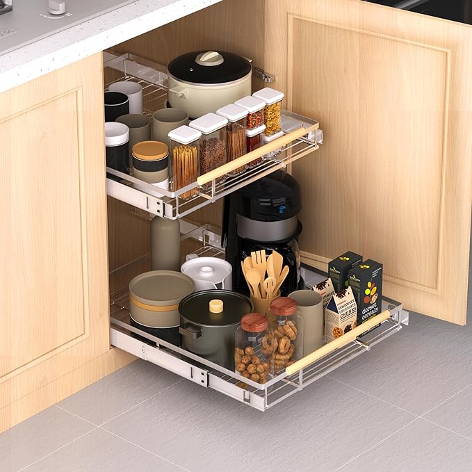 Expandable Pull Out Drawer Cabinet Organizer, Adjustable Width Bottom-Mounted Slide Out Storage Shelves for Cabinets, Required Cabinet Size (W: 10.16"~16.36", D≥22.5"), 1 Pack
