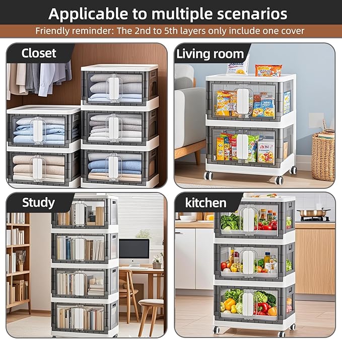 Folding Storage Organizer with Silent casters | Stackable Design for Home & Office, Heavy-Duty Plastic Storage Bin with Clear Door, 3 Sizes (19.5/23.5/27.5in),Black/White (27.6" 4 layer, White)