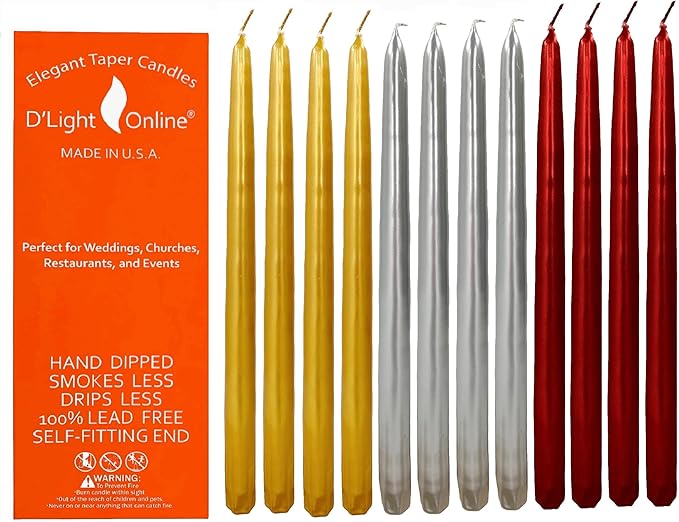 D'light Online Premium Quality 12" Metallics Taper Candles - Unscented, Dripless and Smokeless for Christmas Decor, Holiday Dinners and Festive Parties - Set of 12 (12 Inch, Lustrious Metallics)