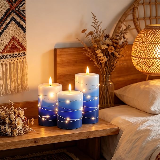 Flameless Candles with String Lights, Battery Operated Candles with Remote Control and Timer,Flickering LED Pillar Candles for Home Decoration,Real Wax, Gradient Blue (3-Pack)