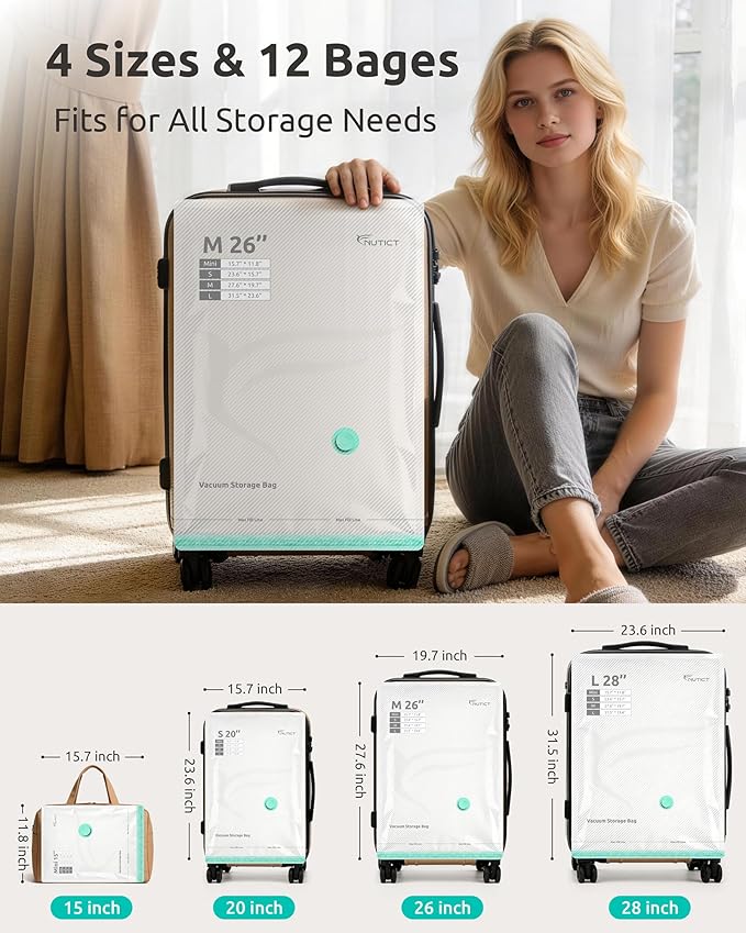 NUTICT 12 Pack Vacuum Storage Bags for Travel with Rechargeable Electric Pump, Long-Term Reusable Vacuum Seal Bags for Clothes and Blankets Compression, Carry-on Space Saver for Luggage and Suitcase