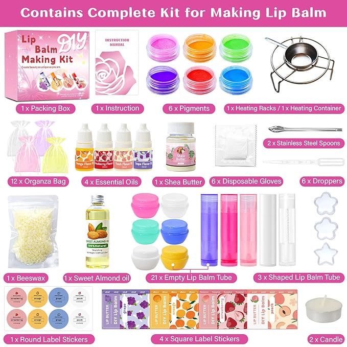 DIY Lip Balm Making Kit for Adults to Make Your Own Moisturizing Lip Balms with Natural Beeswax, Lip Base Oil, Essential Oil, Empty Lip Balm Tubes，Birthday Christmas Gift