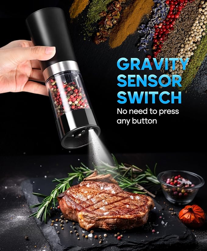 Gravity Electric Salt and Pepper Grinder Set, USB-C Rechargeable Salt and Pepper Mill with 100ml Larger Capacity, White Light, One Hand Automatic Operation, Black, 2Pack