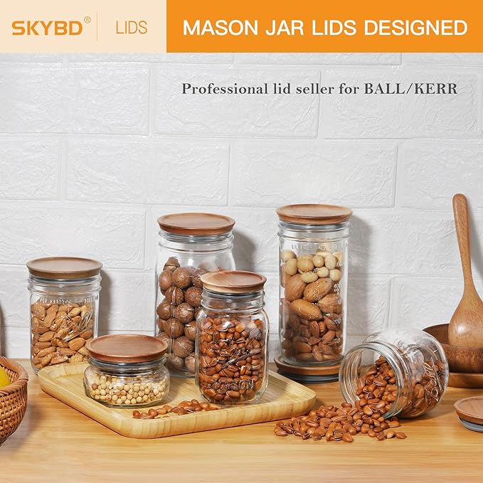 6-Pack Regular Mouth Wooden Mason Jar Lids for Ball/Mason/Kerr Jars, Natural Acacia Wood, Food-Grade Material, 100% Fit & Airtight for Regular Mouth Jars (6PCS-Regular)