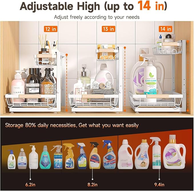 2 Packs Under Sink Organizer, Height Adjustable 2 Tier Under Kitchen Sink Organizer, Multi-Purpose Storage Shelf for Kitchen Bathroom Cabinet (White, Extra Large)