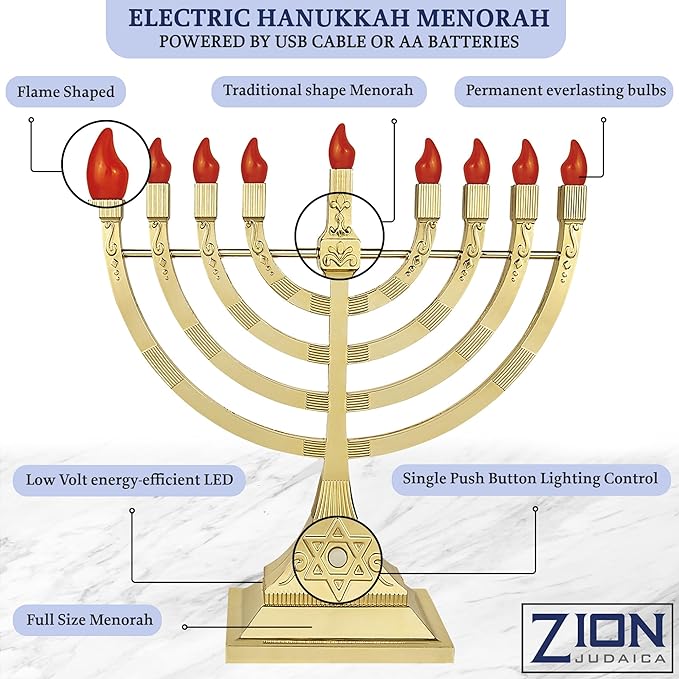 Zion Judaica 6 Pack Electric Hanukkah Menorahs LED USB Powered Menorot Electronic Hanukkiah Battery Minorahs Flamless Chanukah Candles (Gold, 6)