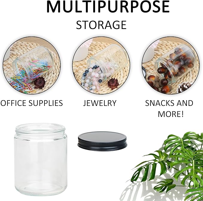 MILIVIXAY 20 Pack 8 OZ Thick Glass Clear Candle Jars with All Black Metal Lids-Bulk Empty Candle Jars for Making Candles-Canning Jar for Spice, Liquid, Sample- Dishwasher Safe.