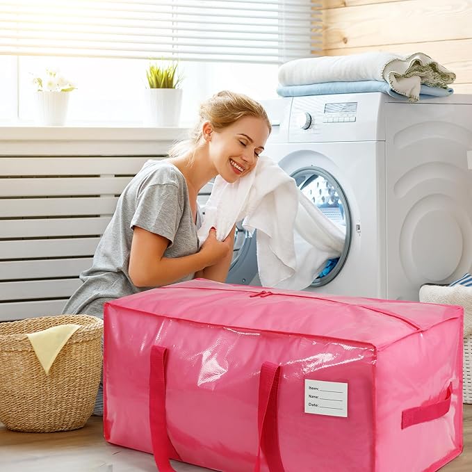 VTSVTS 6 Pack Extra Heavy Duty Large Moving Bags with Comfortable Handle & Strong Zipper,Storage Totes for Space Saving Moving Storage College Supplies Alternative to Moving Box,Pink
