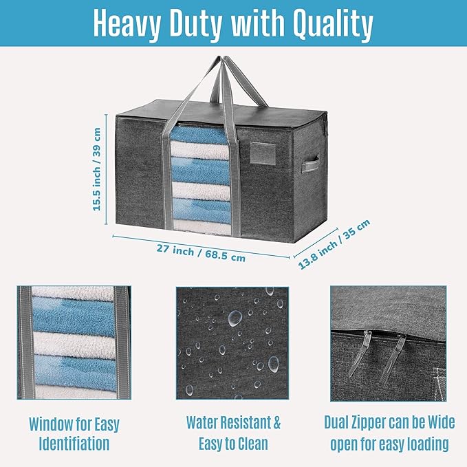 VENO 2 Pack Moving Bags with Clear Window, Heavy Duty Storage Bins with Lid, Around Handles, Tag, Zippers, Extra Large Totes Packing Moving Boxes Supplies for College Dorm Clothes (Dark Gray)