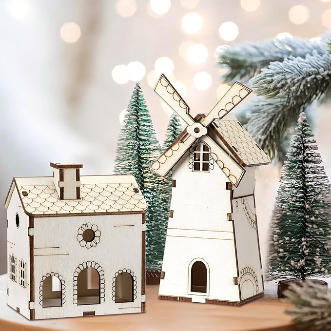 Hiboom 12 Pcs DIY Christmas Village Sets Wood Gingerbread Houses Christmas Mini Wooden House Gift for Winter Xmas Party Crafts Decorations