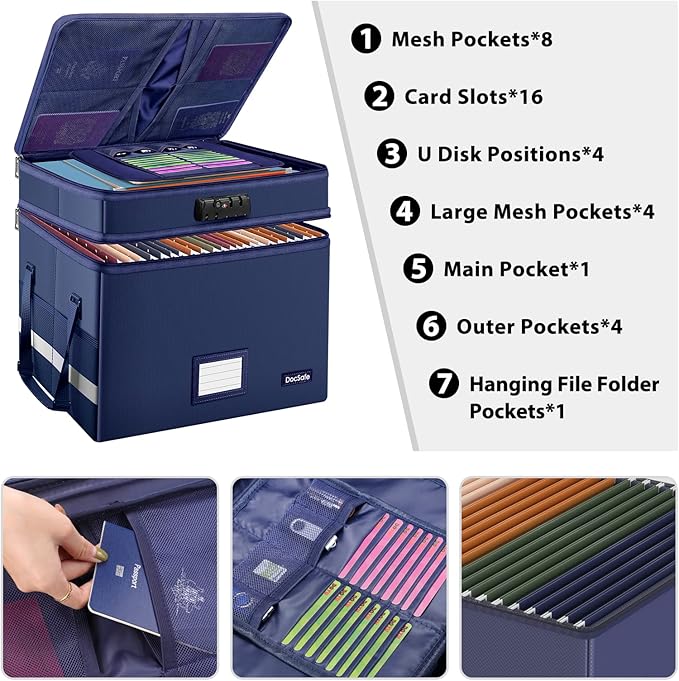DocSafe File Box with Lock,Multi-Layer Fireproof Document Box Collapsible File Storage Organizer with Pockets/Handle,Large Portable Home Office Filing Safe for Hanging Letter/Legal Size Folders,Blue
