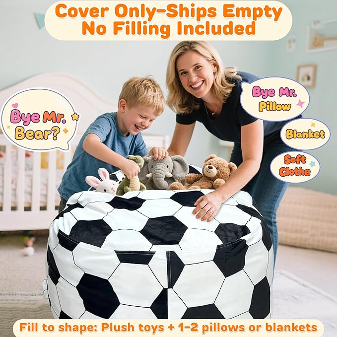Lukeight Soccer Stuffed Animals Storage Bean Bag Chair Cover Only (Ships Empty, No Filling) - Velvet YKK Zipper Beanbag Cover for Teens Adults, Washable Plush Toy Organizer, XXX-Large 42" D x 23" H