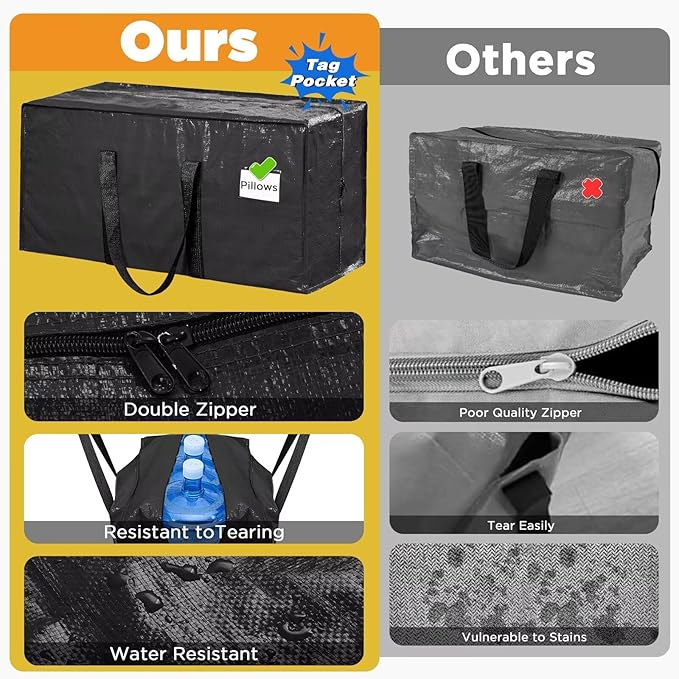 BETU Extra Large Moving Bags Heavy Duty Storage Bags with Zipper Handles, 12 Pack Clothes Storage Totes Bins Packing Moving Boxes, Moving Supplies for College Dorm Essentials, Space Saving, Black