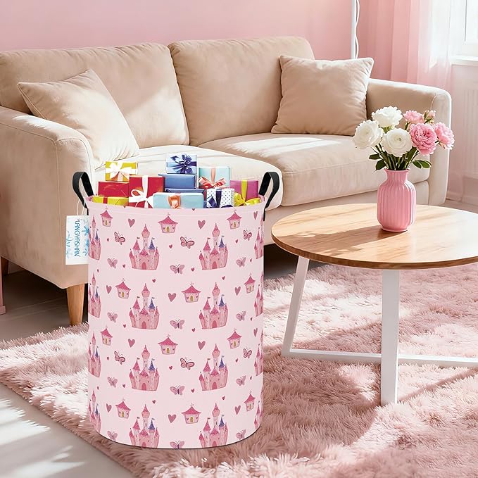LANGYASHAN Girl Laundry Basket Canvas Fabric Collapsible Organizer Basket for Storage Bin Toy Bins Gift Baskets Bedroom Clothes Children Nursery Hamper (Pink Castle)
