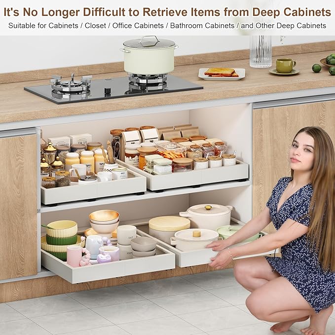 2Pc Pull out Cabinet Organizer,Width (11"-16"),Depth(17"-24") Expandable with 3 Rails,No Drill Roll out Drawers,Adhesive Sliding Drawers,Slide out Shelves for Cabinets Without Lip,Kitchen,Pantry,White | Expandable, 3 Rails, No Drill, Roll out Drawers, ...