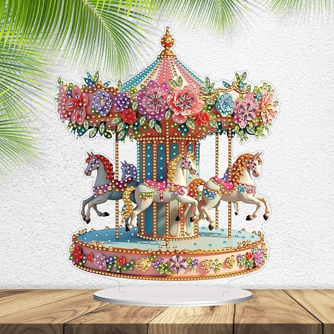 ARTopet DIY Diamond Desktop Ornament PET Irregular Shape Special Shaped Crystal Double Sided Pattern Single Sided Diamond Art Painting Tabletop Home Ornaments Decor (Carousel)