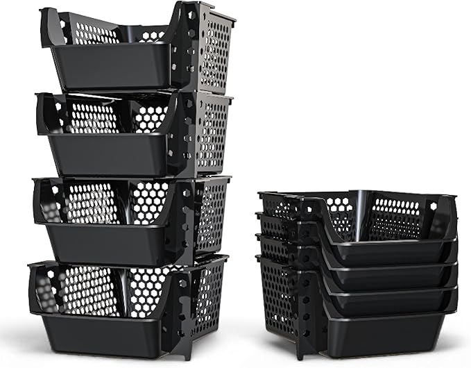 Skywin TidyFriend Stackable Storage Bins for Pantry, 4 Pack Stackable Bins for Organizing Snacks, Toiletries, and Small Essentials (Black)