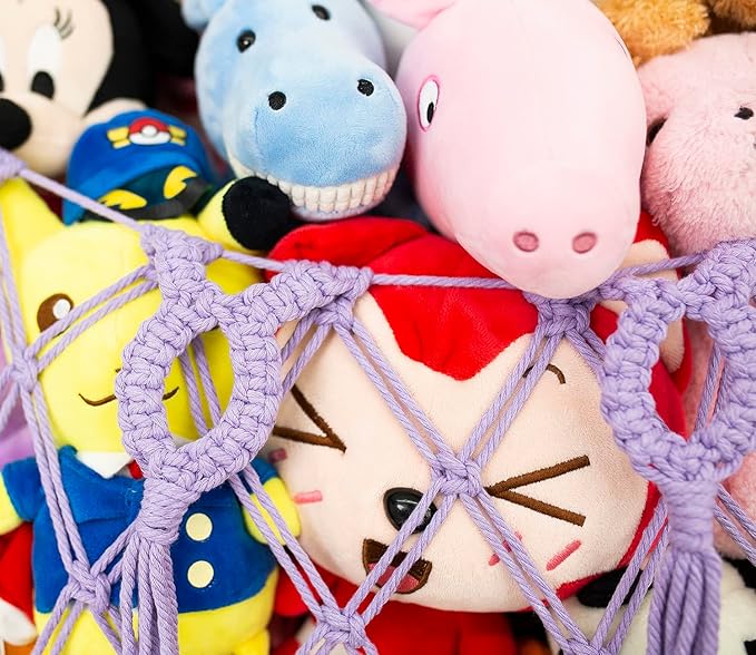 Stuffed Animal Net or Hammock for Flat Wall Hanging Net for Stuffed Animal Storage Handmade Macrame Plush Toy Hammock(Purple)