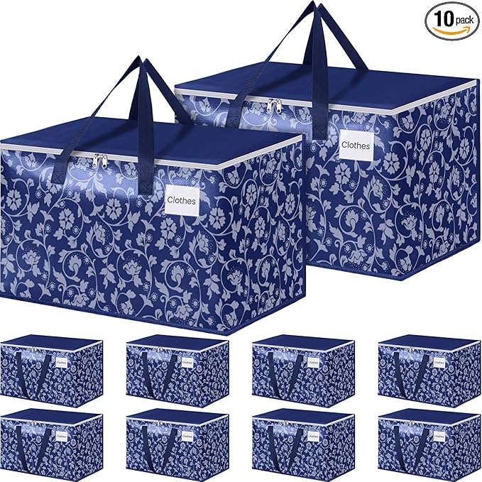 HomeHacks Moving Bags, Extra Large Size Moving Boxes, Heavy Duty Luggage Bags with Smooth Zipper and Sturdy Handles, Large Capacity & Easy Loading Storage Totes for Space Saver 125L, 10-Pack, Blue
