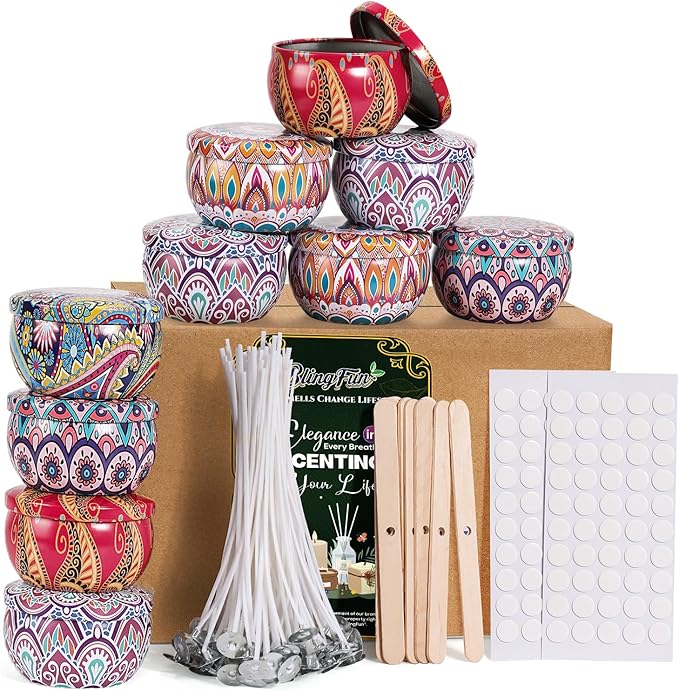 Blingfun 10 Packs 4 oz Candle Tins kit, Candle Making Tins, Candle Jars, 100pcs Candle Wicks, 100pcs Wick Stickers, Candle Containers for Making Candles (Flowers)