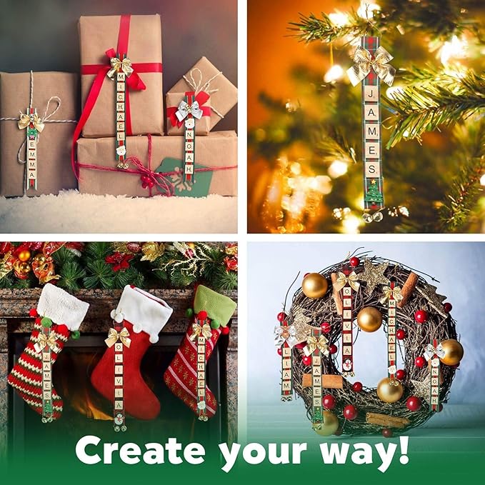 Christmas Ornaments Tree Decorations Personalized Crafts for Girls Adults Kids Kit DIY Ribbon Letter Tiles Bells Rustic Stockings Name Tags Hanging Xmas Decor for Gifts Wreath Room Holiday