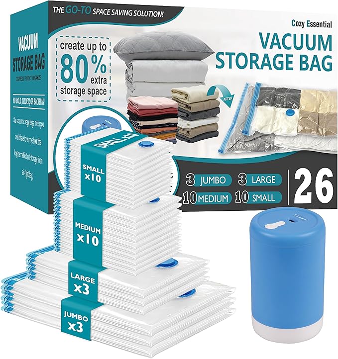 Cozy Essential Travel Vacuum Storage Bags with Rechargeable Cordless USB Pump, Space Saver Bags for Luggage, Suitcase, Carry-On, for Clothes, Blankets, Bedding & Seasonal Storage,26 Combo