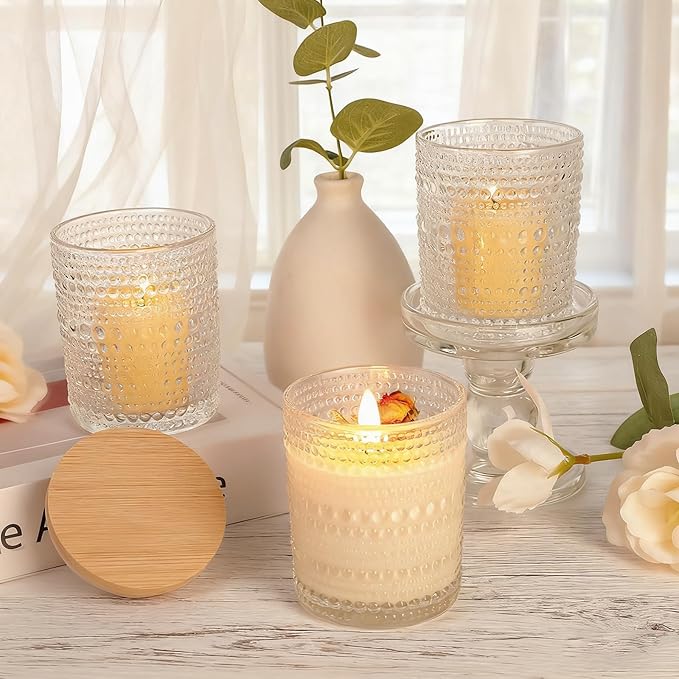 CONNOO 16 Pack 7 OZ Thick Pearl Glass Candle Jars for Making Candles with Airtight Bamboo Lids, Wicks & Stickers, for DIY Candle Making, Bulk Orders, Gifts & Home Décor, Clear