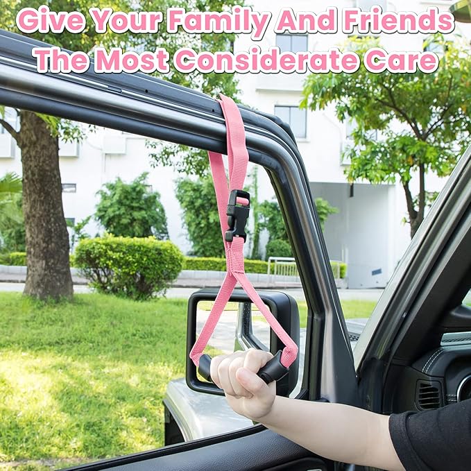 E-cowlboy Auto Cane Grab Aid - Adjustable Standing Aid Safety Handle Portable Vehicle Support Grab Bar Nylon Grip Mobility Assist Device (Pink 2 Pack)