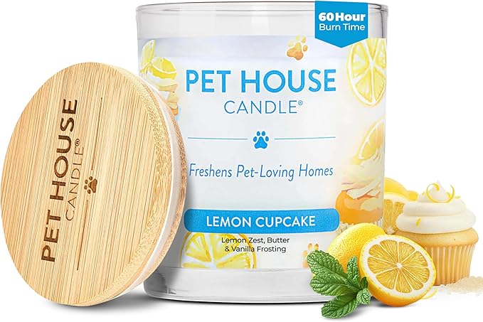 Pet House Candles, Clean Long-Lasting Pet Odor Candles for Home, Plant-Based, 60 Hour Burn Time - Lemon Cupcake, 9 oz