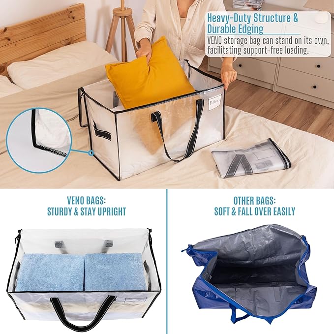 VENO 4 Pack Heavy Duty Moving Bags, Clear Storage Bags for Clothes and Comforters, College Dorm Essentials Packing Supplies, Foldable Boxes Alternative (Clear, 4 Pack)
