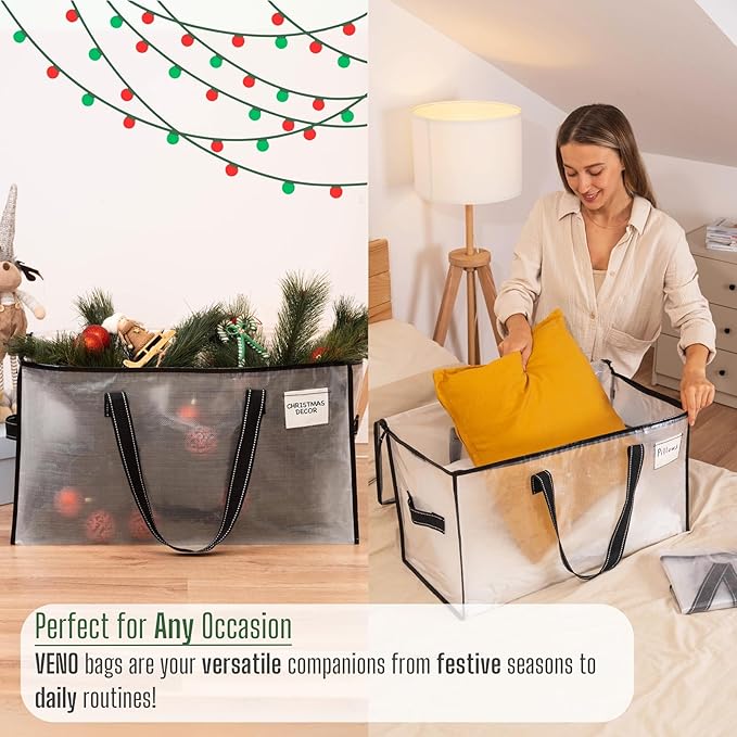 VENO 4 Pack Heavy Duty Moving Bags, Clear Storage Bags for Clothes and Comforters, College Dorm Essentials Packing Supplies, Foldable Boxes Alternative (Clear, 4 Pack)