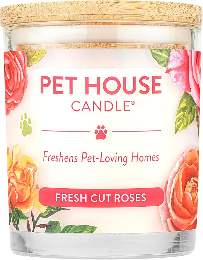 Pet House Candles, Clean Long-Burning, Scented Pet Friendly Candles, Plant-Based, 60 Hour Burn Time - Fresh Cut Roses, 9 oz