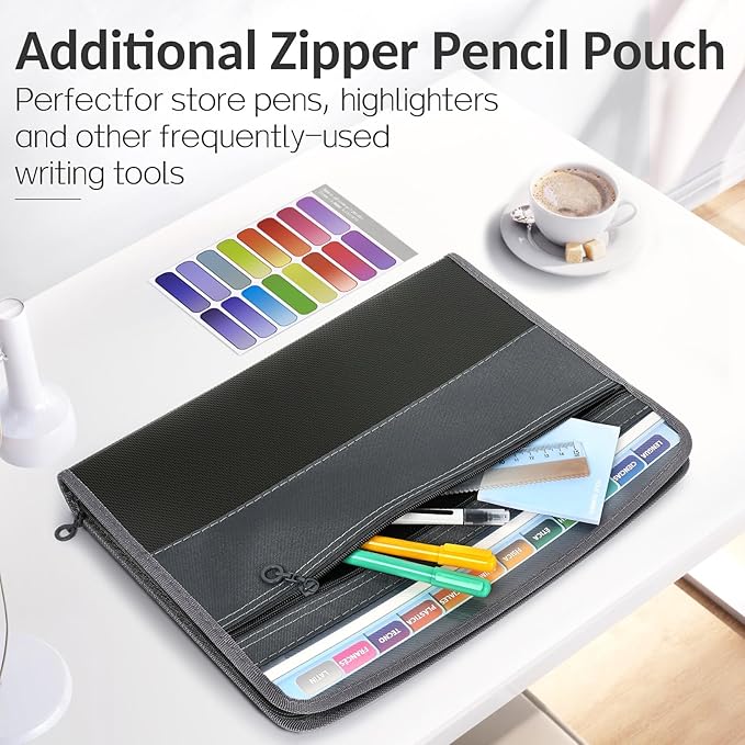 Sooez Accordion File Organizer with Safe Zipper, 12 Pocket Expanding File Folder with Front Pencil Pouch, Portable Monthly Paper Bill Tax Receipt Organizer, School Office Supplies, Letter Size, White