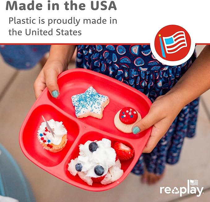 Re-Play Toddler Plates with Dividers - Deep-Walled 3 Compartments Divided Plates for Kids - Dishwasher & Microwave Safe - Made in USA - Set of 4-7.37" x 7.37" x 1.25" - Meadow