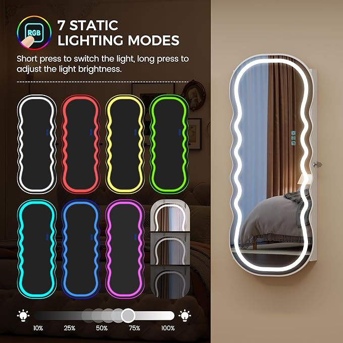 Lvifur RGB Lighted Mirror Jewelry Cabinet,LED Wavy Wide Mirror with Storage, Wall or Door Mounted Jewelry Organizer with Interior Mirror,Lockable Jewelry armoire,Gift Ideal