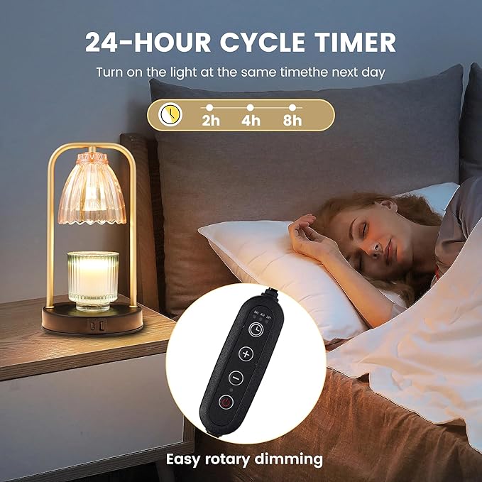 CATY&KITTEN Candle Warmer Lamp with Timer & Dimmer, Table lamp with USB and Type C Output,Dimmable Wax Melt Warmer with 2 * 50W Bulbs, House Warming Gift for Mother's Day